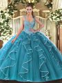 Enchanting Teal Tulle Lace Up Sweet 16 Quinceanera Dress Sleeveless Floor Length Beading