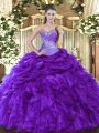 Floor Length Lace Up Sweet 16 Quinceanera Dress Purple for Military Ball and Sweet 16 and Quinceanera with Beading and Ruffles and Pick Ups