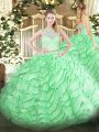 Low Price Apple Green Two Pieces Scoop Sleeveless Tulle Brush Train Zipper Lace and Ruffles Quinceanera Gown
