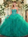 Excellent Beading and Ruffles Quinceanera Gown Turquoise Lace Up Sleeveless Floor Length