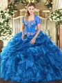 Floor Length Lace Up 15 Quinceanera Dress Blue for Military Ball and Sweet 16 and Quinceanera with Beading and Ruffles and Pick Ups