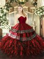 Wine Red Sweetheart Zipper Embroidery and Ruffles Sweet 16 Quinceanera Dress Sleeveless