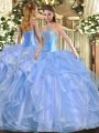 Amazing Floor Length Lace Up Ball Gown Prom Dress Baby Blue for Military Ball and Sweet 16 and Quinceanera with Beading and Ruffles