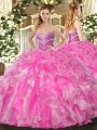 Suitable Rose Pink Sweetheart Neckline Beading and Ruffles 15 Quinceanera Dress Sleeveless Lace Up