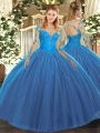 Floor Length Lace Up Sweet 16 Quinceanera Dress Teal for Military Ball and Sweet 16 and Quinceanera with Lace