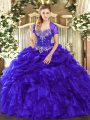 Sleeveless Floor Length Beading and Ruffles and Pick Ups Lace Up Sweet 16 Quinceanera Dress with Purple