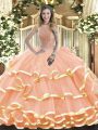 Peach Sleeveless Beading and Ruffled Layers Floor Length Quinceanera Dress