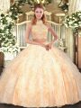 Peach Two Pieces Beading and Ruffles Quinceanera Gown Criss Cross Tulle Sleeveless Floor Length