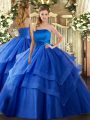 Sleeveless Floor Length Ruffled Layers Lace Up Quinceanera Dresses with Royal Blue