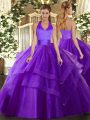 High Quality Purple Ball Gowns Halter Top Sleeveless Tulle Floor Length Lace Up Ruffled Layers Vestidos de Quinceanera