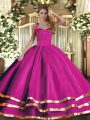 Admirable Fuchsia Quince Ball Gowns Military Ball and Sweet 16 and Quinceanera with Ruffled Layers Halter Top Sleeveless Lace Up