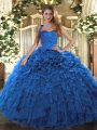 Blue Organza Lace Up Halter Top Sleeveless Floor Length Quinceanera Gown Ruffles