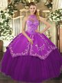 Eggplant Purple Lace Up Quinceanera Gowns Beading and Embroidery Sleeveless Floor Length