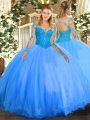 Baby Blue Ball Gowns Tulle Scoop Long Sleeves Lace Floor Length Lace Up Quince Ball Gowns
