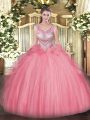 Custom Design Floor Length Lace Up Sweet 16 Quinceanera Dress Watermelon Red for Military Ball and Sweet 16 and Quinceanera with Beading and Ruffles