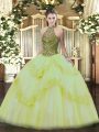 Excellent Light Yellow Halter Top Lace Up Beading and Appliques Quince Ball Gowns Sleeveless