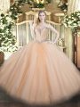Peach Ball Gowns Tulle Sweetheart Sleeveless Beading Floor Length Lace Up Sweet 16 Quinceanera Dress