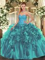 Teal Lace Up Quinceanera Gowns Beading and Ruffles Sleeveless Floor Length