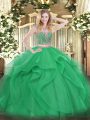 Popular Floor Length Lace Up Sweet 16 Dress Green for Military Ball and Sweet 16 and Quinceanera with Beading and Ruffles