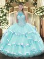 Vintage Apple Green Lace Up Vestidos de Quinceanera Beading and Ruffled Layers Sleeveless Floor Length