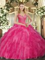Hot Pink Lace Up V-neck Beading and Ruffles 15th Birthday Dress Tulle Sleeveless