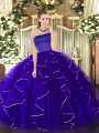 Vintage Floor Length Zipper Ball Gown Prom Dress Blue for Military Ball and Sweet 16 and Quinceanera with Ruffles