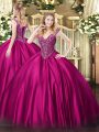 Clearance Fuchsia Satin Lace Up Sweet 16 Quinceanera Dress Sleeveless Floor Length Beading