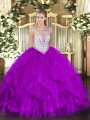Eggplant Purple Quinceanera Gowns Military Ball and Sweet 16 and Quinceanera with Beading and Ruffles Scoop Sleeveless Zipper