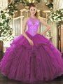 Best Fuchsia 15th Birthday Dress Military Ball and Sweet 16 and Quinceanera with Beading and Ruffles High-neck Sleeveless Lace Up