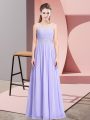 Delicate Lavender Chiffon Lace Up Prom Party Dress Sleeveless Floor Length Beading