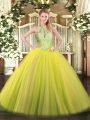 Noble Tulle Halter Top Sleeveless Lace Up Sequins Ball Gown Prom Dress in Yellow Green