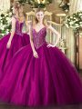 High Quality Fuchsia Sleeveless Tulle Lace Up Ball Gown Prom Dress for Military Ball and Sweet 16 and Quinceanera