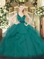 Most Popular Teal Straps Zipper Beading and Ruffles Quinceanera Dresses Sleeveless