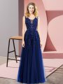 Royal Blue Sleeveless Floor Length Beading and Appliques Backless Dress for Prom
