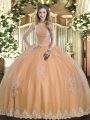 Charming High-neck Sleeveless Tulle Quinceanera Gowns Beading and Appliques Lace Up