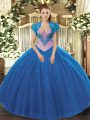 Comfortable Sweetheart Sleeveless Lace Up Quince Ball Gowns Blue Tulle