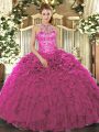 Designer Organza Halter Top Sleeveless Lace Up Beading and Ruffles Quinceanera Dresses in Fuchsia