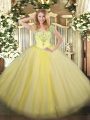 Suitable Light Yellow Tulle Lace Up V-neck Sleeveless Floor Length Quinceanera Dress Beading