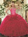 Custom Designed Floor Length Red Ball Gown Prom Dress Organza Sleeveless Beading and Ruffles