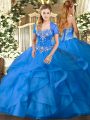 Charming Baby Blue Sleeveless Floor Length Beading and Ruffles Lace Up Quinceanera Gown