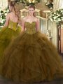 Amazing Sleeveless Floor Length Ruffles Lace Up Quinceanera Gowns with Brown