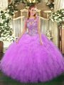 Custom Fit Lilac Ball Gowns Beading and Ruffles Quinceanera Gown Lace Up Tulle Sleeveless Floor Length