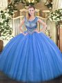 Blue Tulle Lace Up Scoop Sleeveless Floor Length Quinceanera Gowns Beading