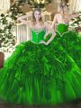 Popular Floor Length Lace Up 15 Quinceanera Dress Green for Military Ball and Sweet 16 and Quinceanera with Beading and Ruffles
