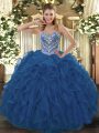 Sweetheart Sleeveless Sweet 16 Quinceanera Dress Floor Length Beading and Ruffled Layers Blue Tulle