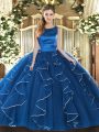 Customized Scoop Sleeveless Lace Up Vestidos de Quinceanera Blue Tulle
