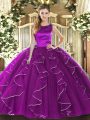 Noble Eggplant Purple Tulle Lace Up Quinceanera Dresses Sleeveless Floor Length Ruffles