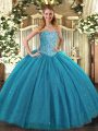 Superior Ball Gowns Quinceanera Dress Teal Sweetheart Tulle Sleeveless Floor Length Lace Up