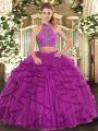 Pretty Fuchsia Criss Cross Quinceanera Gowns Beading and Ruffled Layers Sleeveless Floor Length