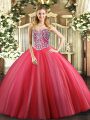 Best Coral Red Ball Gowns Beading Ball Gown Prom Dress Lace Up Tulle Sleeveless Floor Length